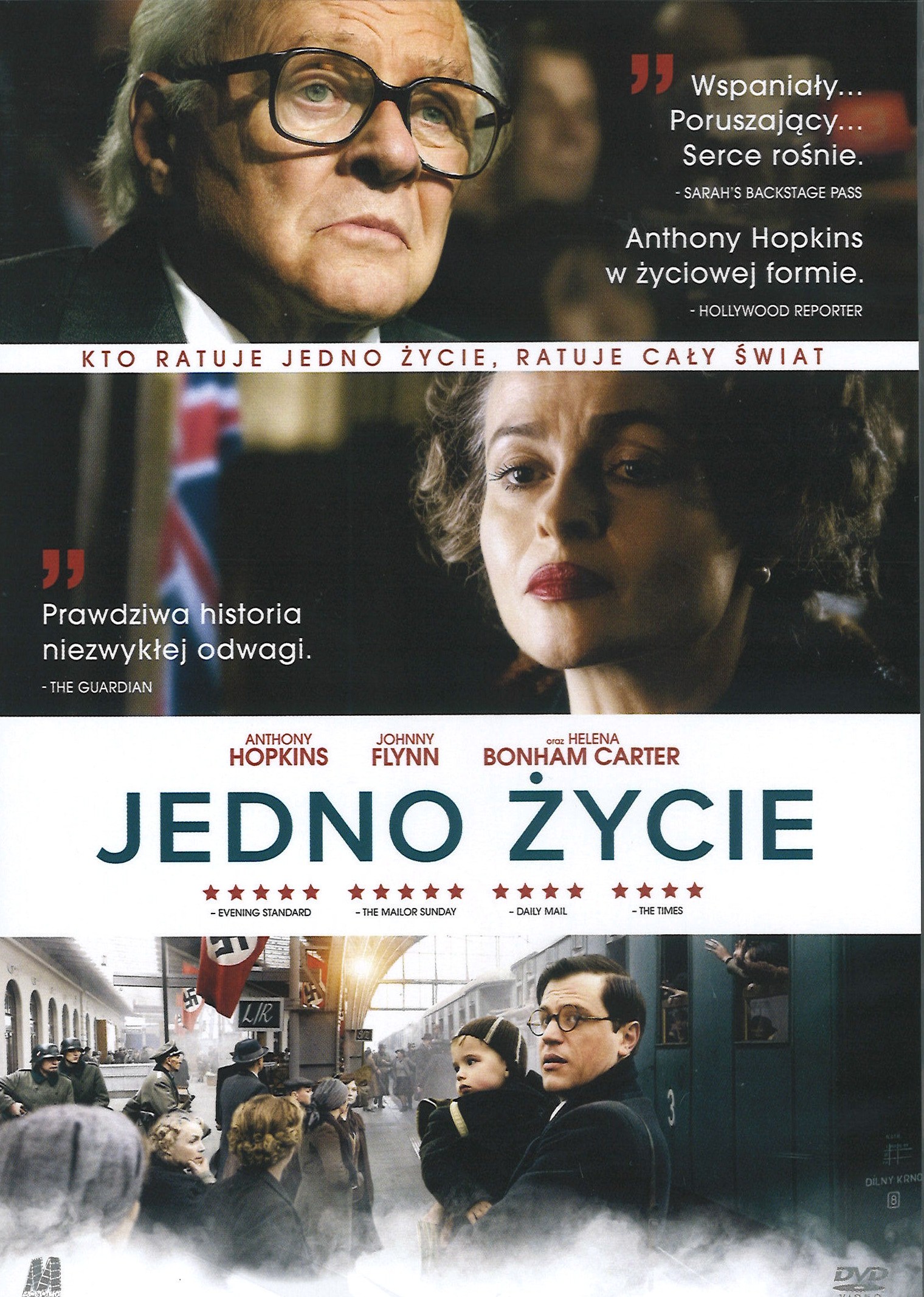 Opakowanie filmu „Jedno życie”: portrety starszego mężczyzny i kobiety oraz scena ewakuacji na dworcu w czasie wojny.